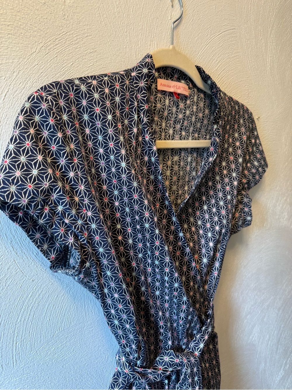 Antoine & Lili Paris 100% Cotton Wrap Blouse Navy Funky Geometric Print Size S - Picture 6 of 8